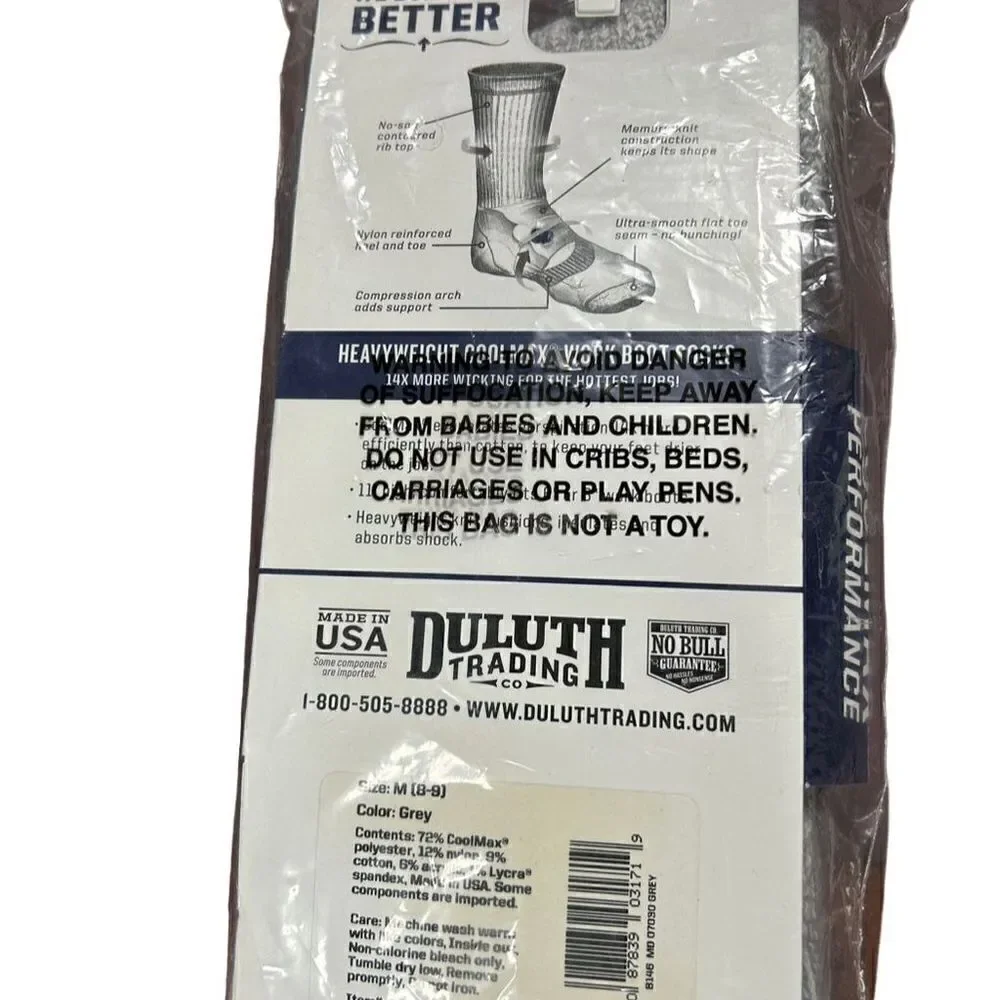 Duluth trading Company Men's Over Calf Tube Sport Socks Gray Size 8-9 USA Made